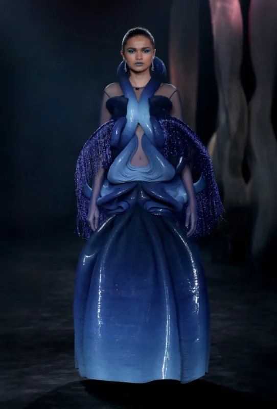 Cocoon like shapes in shiny fabrics and ombre shades presented by Amit Aggarwa;l at India Couture Week presented by FDCI.